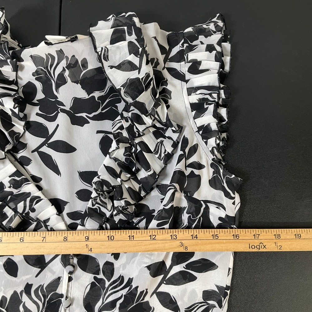 WHBM Blouse Women 6 Black White Floral Ruffle Peplum Romantic Flowy Airy - Picture 5 of 8